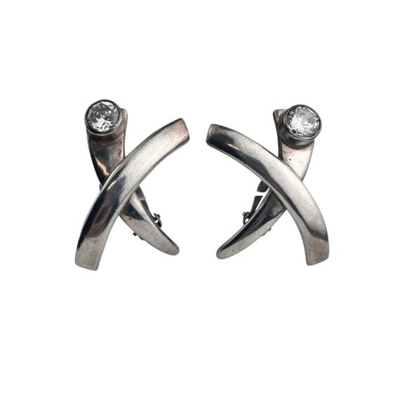Los Ballesteros Vintage Mexico Sterling Silver Mexico Quartz Clip On X Earrings - Picture 1 of 11